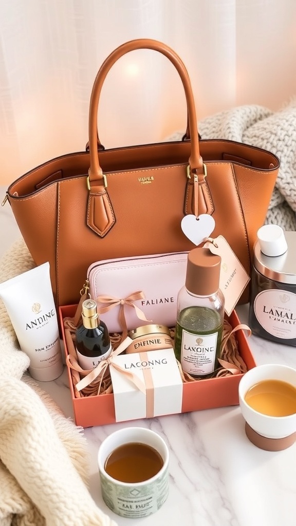 A collection of gift ideas including a handbag, skincare products, and jewelry, arranged on a table.